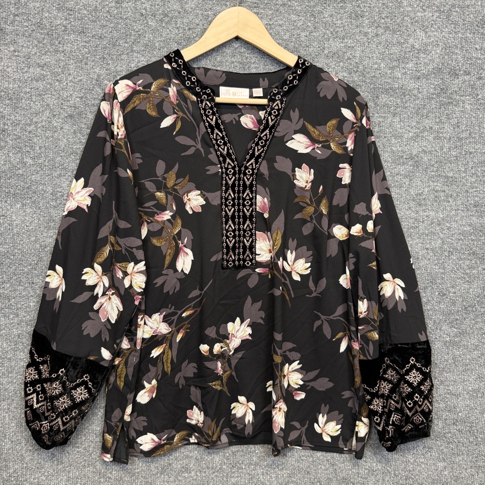 Belle by Kim Gravel Large Top Blouse Dark Floral Henley Velour Trim Embroidered